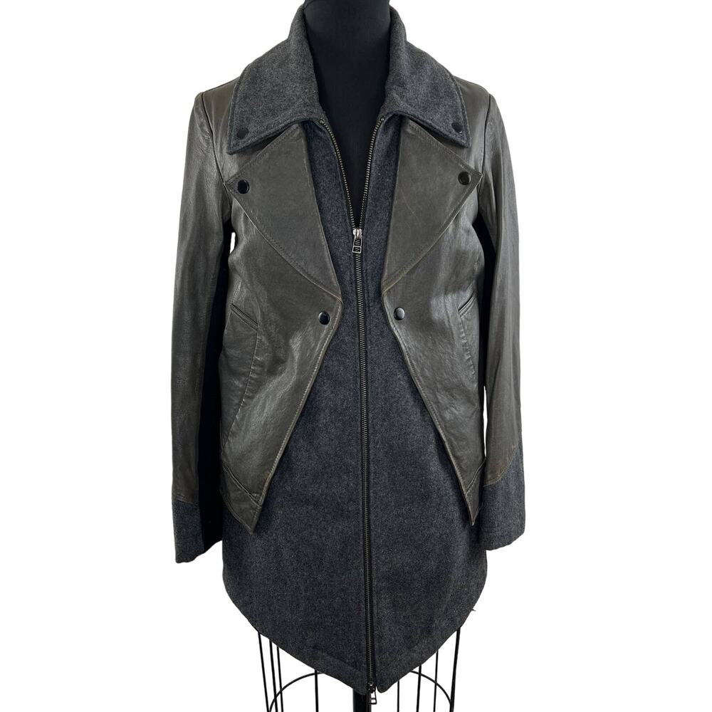 Yigal Azrouel Cut25 Gray Khaki Long Sleeve Zip Lagenlook Leather Wool Jacket 2